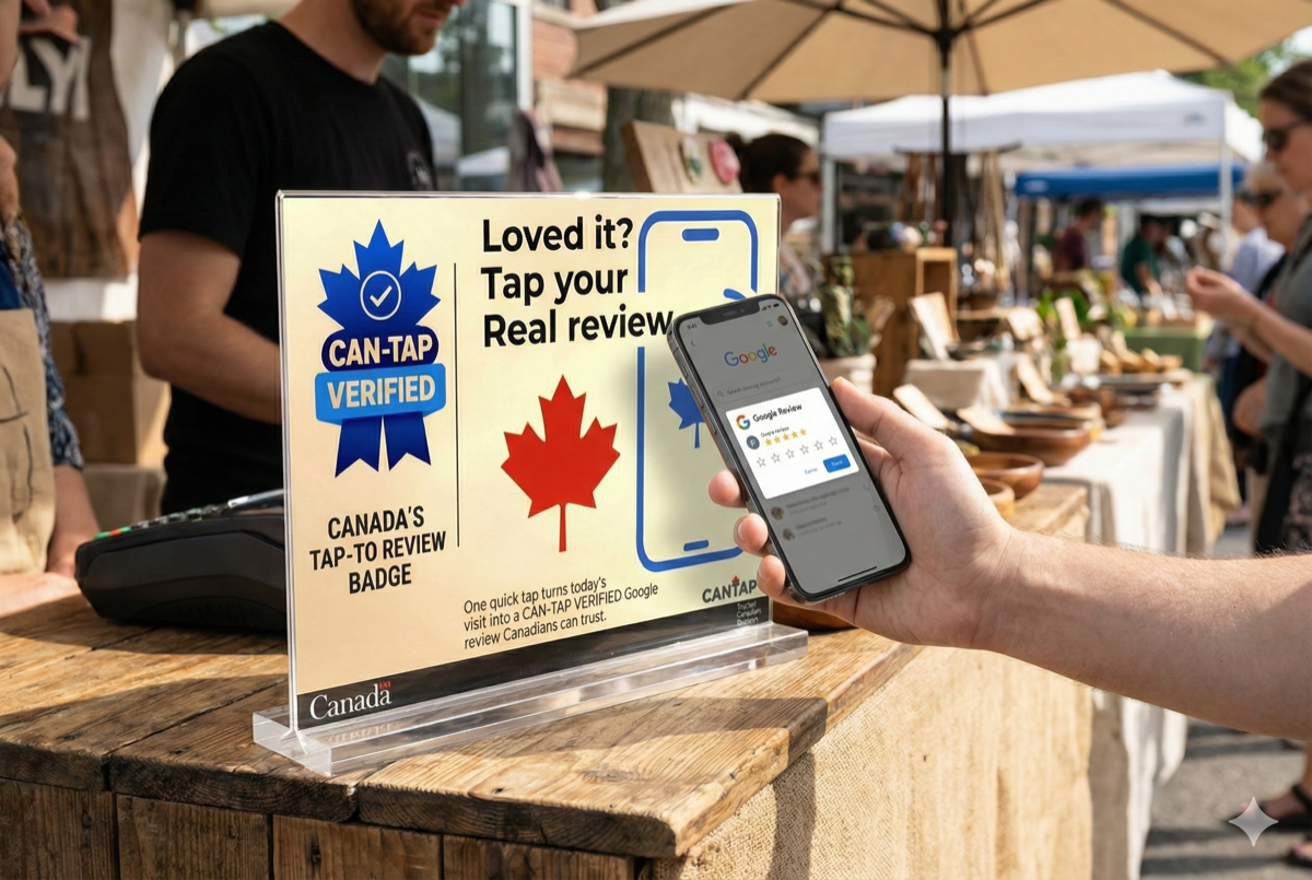CAN-TAP Verified acrylic NFC review sign held in hand